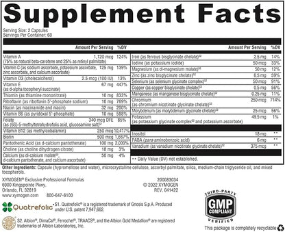 XYMOGEN ActivNutrients with Iron and Copper - Multivitamin Multimineral for Wellness, Immune, Energy and Mood Support - Chelated Minerals + Active B Vitamins with Folate (120 Capsules)