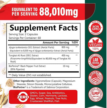 Turkesterone 8,000mg [Highest Purity] + BioPerine® for High Absorption Supplement with Tongkat Ali - Increase Stamina, Lean Muscle Growth & Recovery, Boosts Drive 3rd Party Tested 2 Months Supply