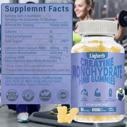 Creatine HMB Gummies for Adults,Creatine Monohydrate 5000mg and HMB 1000mg Supports Muscle Recovery, Relieves Soreness, Improves Endurance, Non-GMO, Vegan, Gluten-Free, 120