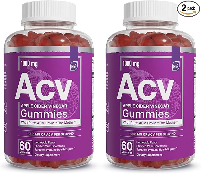 Essential Elements Apple Cider Vinegar Gummies from The Mother - Naturally-Sourced, Vegan ACV with Folic Acid and Vitamin B6 & B12 (2 Pack)