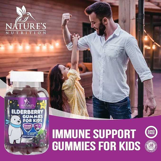 Sambucus Elderberry Immune Gummies for Kids with Vitamin C, Zinc & Elderberry, Daily Childrens Immune Support Vitamins Gummy Children Ages 4 Up, Natures Supplement, Non-GMO, Berry Flavor, 120 Gummies