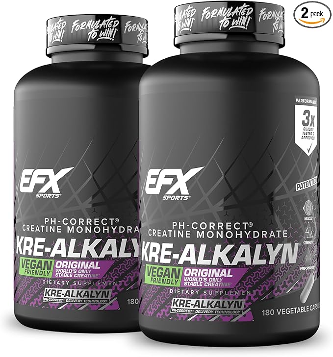 EFX Sports Kre-Alkalyn EFX | pH Correct Creatine Monohydrate Pill Supplement | Vegan Friendly | Strength & Muscle Growth | 90 Servings, 180 Veggie Capsules (Pack of 2)