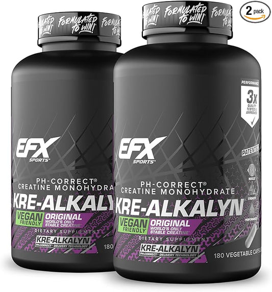 EFX Sports Kre-Alkalyn EFX | pH Correct Creatine Monohydrate Pill Supplement | Vegan Friendly | Strength & Muscle Growth | 90 Servings, 180 Veggie Capsules (Pack of 2)