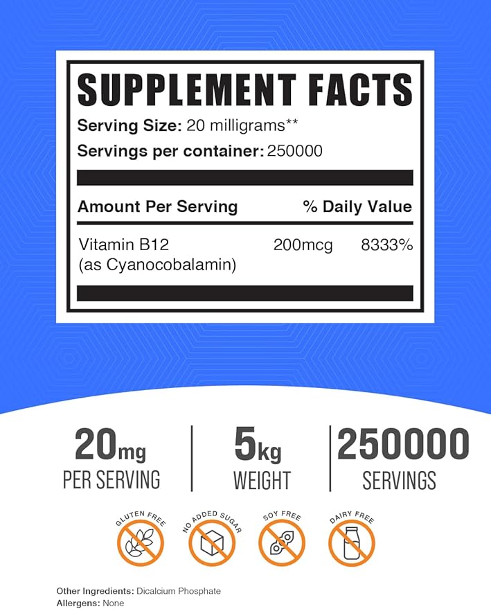 BulkSupplements.com Vitamin B12 Powder - as Cyanocobalamin, Vitamin B Supplement, Vitamin B12 200 mcg - Essential Vitamin, Gluten Free, 20mg per Serving, 5kg (11 lbs) (Pack of 5)