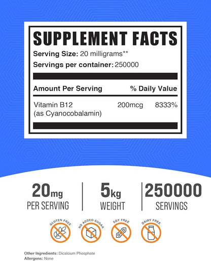 BulkSupplements.com Vitamin B12 Powder - as Cyanocobalamin, Vitamin B Supplement, Vitamin B12 200 mcg - Essential Vitamin, Gluten Free, 20mg per Serving, 5kg (11 lbs) (Pack of 5)