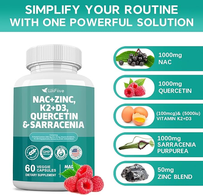NAC Supplement N-Acetyl Cysteine NAC 1000mg Zinc Blend 50mg k2 100mcg Vitamin D3 5000 IU N-Acetyl Cysteine 1000mg Quercetin 1000mg Sarracenia Purpurea 1000mg L-Lysine Supplement, 60 Count
