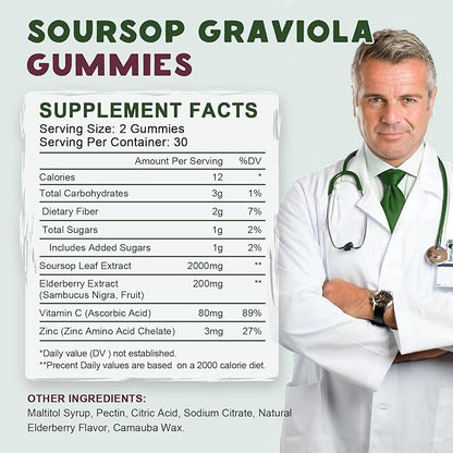 Organic Soursop Graviola Gummies, Soursop Extract with Elderberry Rich in Multivitamin for Natural Antioxidant, Cell Support & Regeneration, Immune Boost and Skin, Vegan- 60 Day Supply