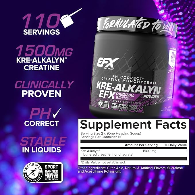 EFX Sports Kre-Alkalyn EFX Powder | pH Correct Creatine Monohydrate Powder Supplement | Strength, Muscle Growth & Performance | 110 Servings (Mango)