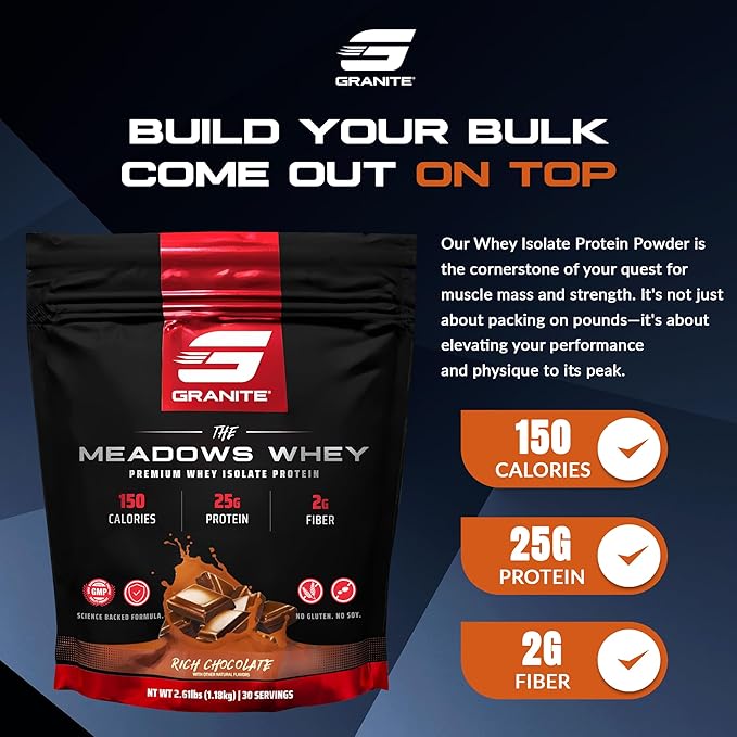 Granite Supplements The Meadows Whey Protein Isolate - (30 Servings) Whey Protein Powder - 150 Calories, 2g Fiber, 1g Sugar Protein Whey for Lean Muscle - Rich Chocolate Flavored Protein Powder