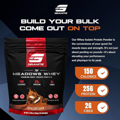 Granite Supplements The Meadows Whey Protein Isolate - (30 Servings) Whey Protein Powder - 150 Calories, 2g Fiber, 1g Sugar Protein Whey for Lean Muscle - Rich Chocolate Flavored Protein Powder
