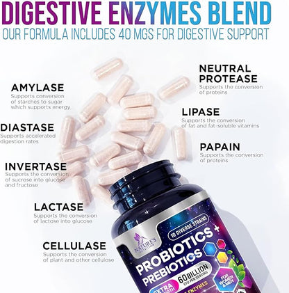 Daily Probiotic and Acidophilus Supplement 60 Billion CFU 10 Strains Capsule for Women & Men - Digestive Gut & Immune Health Support - Supports Occasional Constipation, Gas & Bloating - 60 Capsules