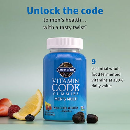 Garden of Life Men’s Multivitamin Gummy:Vitamins C,D,E,B&Zinc for Energy,Stamina & Stress,Probiotics for Digestive & Immune Health,Vitamin Code,Non-GMO,Gluten-Free,90 Lemon Berry Gummies, 30 Day Count