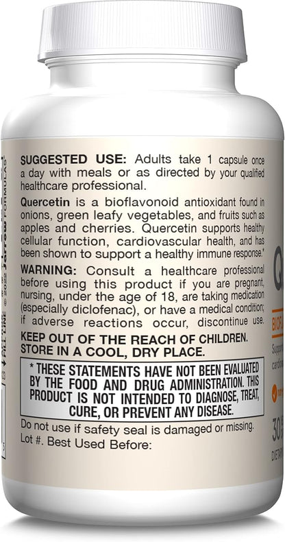 Jarrow Formulas Quercetin 500 mg, Dietary Supplement, Antioxidant Support for Cardiovascular and Immune Health, 30 Veggie Capsules, 30 Day Supply