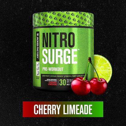 NITROSURGE Pre Workout Supplement - Endless Energy, Instant Strength Gains, Clear Focus, Intense Pumps - Nitric Oxide Booster & Powerful Preworkout Energy Powder - 60 Servings, Cherry Limeade