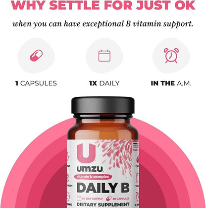 UMZU Daily B | 100% Complete Vitamin B Complex with B1, B2, B3, B5, B6, B7, B9 & B12 with Folic Acid | Supports Natural Energy Production &Cognitive Function Well (30 Day Supply | 30 Capsules)
