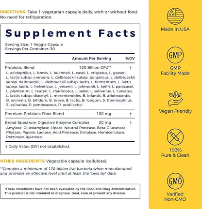 NewRhythm Probiotics 120 Billion CFU 36 Strains, 3-in-1 Probiotics for Digestive Health & Immune Support with Prebiotics & Enzymes, Probioticos for Women & Men, Vegan Targeted Release Supplement, 60ct