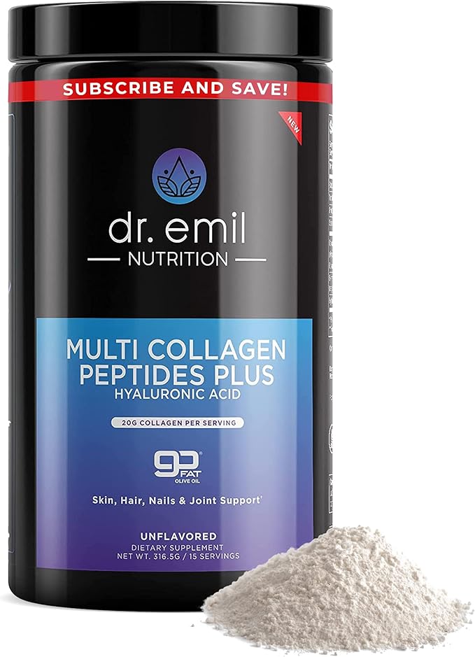 DR. EMIL NUTRITION Multi Collagen Peptides Powder - 20g of Unflavored Hydrolyzed Collagen Protein Powder with Hyaluronic Acid for Hair, Skin, Nails and Joints - 15 Servings