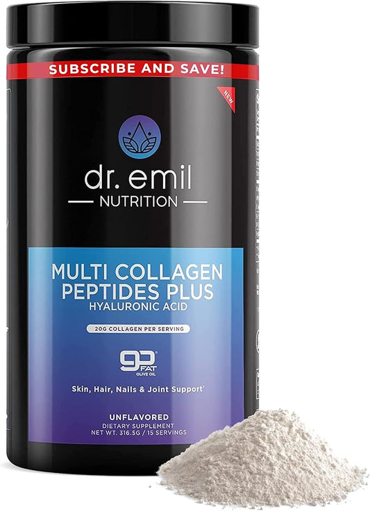 DR. EMIL NUTRITION Multi Collagen Peptides Powder - 20g of Unflavored Hydrolyzed Collagen Protein Powder with Hyaluronic Acid for Hair, Skin, Nails and Joints - 15 Servings