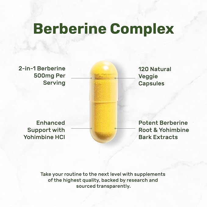 Berberine Supplement with Yohimbine, 500mg Per Serving, 120 Veggie Capsules – Root & Bark Extracts – High Absorption Hydrochloride HCl Forms – Non-GMO, Vegan