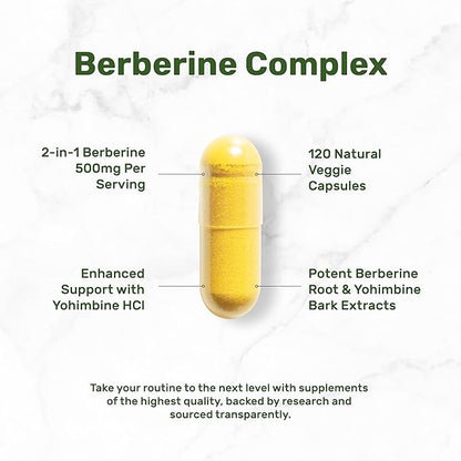 Berberine Supplement with Yohimbine, 500mg Per Serving, 120 Veggie Capsules – Root & Bark Extracts – High Absorption Hydrochloride HCl Forms – Non-GMO, Vegan