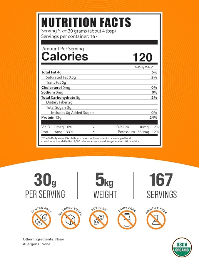 BulkSupplements.com Organic Hemp Protein Powder - Hemp Seed Protein, Superfood Protein Powder, Unflavored Protein - Vegan & Gluten Free, 30g per Serving, 5kg (11 lbs) (Pack of 5)