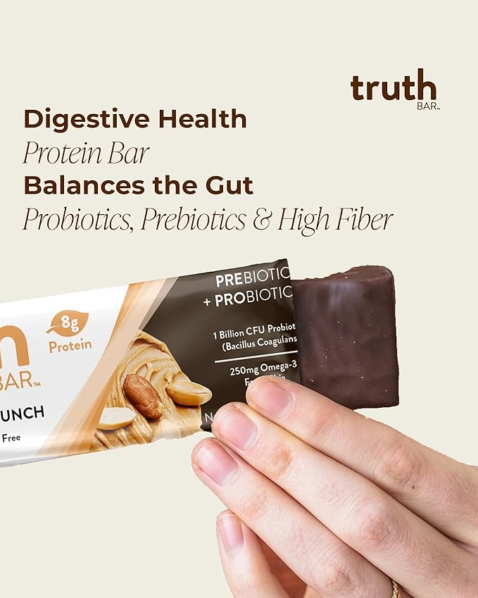 Truth Bar Prebiotic & Probiotic Keto Snack Vegan Bars with Omega-3's - Synbiotic High Fiber Snacks - Low Sugar, Kosher, Gluten Free - Dark Chocolate Peanut Butter Crunch (Pack of 12)