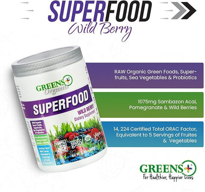 Greens+ Organic Wild Berry Superfood Powder, Antioxidant Polyphenol, Blend for Morning Kick, Energy, Vitality Boost, Nutrition, Vibrant Health, Dietary Supplement, Vegan Soy/Dairy/Gluten Free(8.46oz)