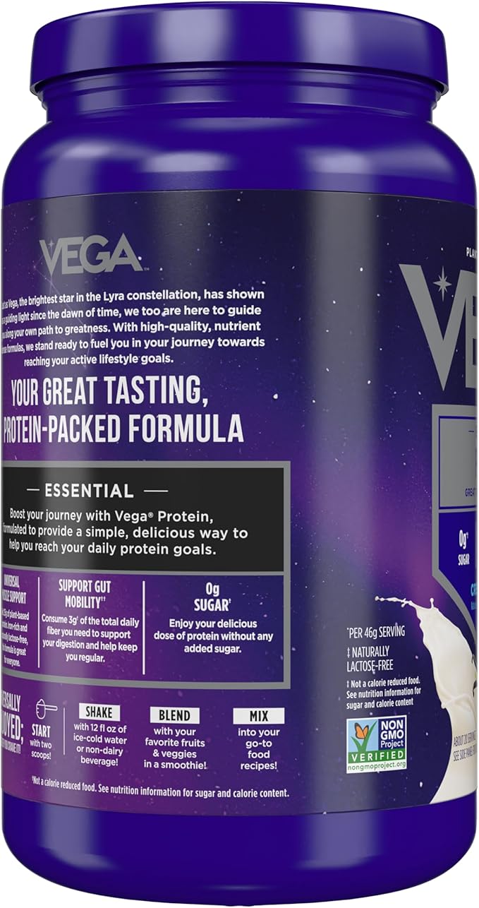Vega Original Protein Powder, Creamy Vanilla Plant Based Protein Drink Mix for Water, Milk and Smoothies, 32.5 oz (Packaging May Vary)