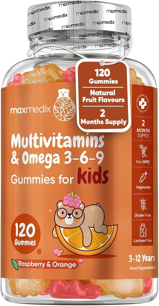 Kids Multivitamin Gummies & Omega 3, 6 & 9-120 Gummies (2 Months Supply) - for Healthy Immune System - Enriched with 12 Essential Vitamins - Natural Raspberry & Orange Flavor (3-12 Years)