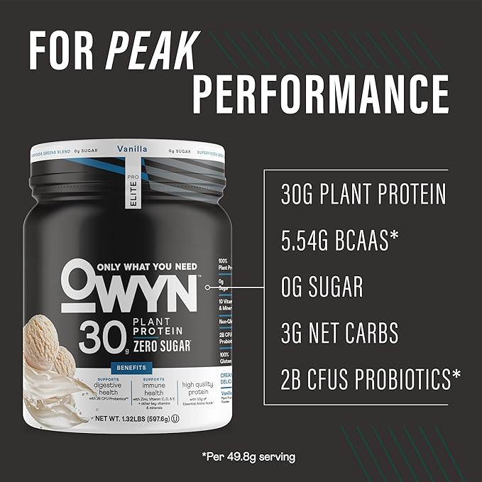 OWYN Only What You Need Pro Elite High Protein Powder, 30g Vegan Protein for Workout Recovery, Delicious Smooth Taste, Zero Sugar, Low Net Carbs, Vanilla, 12 Servings (1.32 LB)
