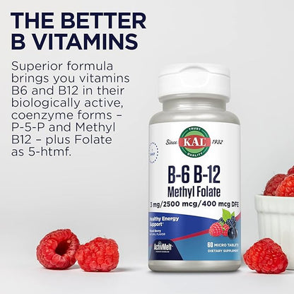 KAL Vitamin B-6 B-12 Methyl Folate ActivMelt, Vitamin B Supplement, Heart Health, Energy and Red Blood Cell Support with Methyl B12 and DFE Folic Acid, Natural Berry Flavor, 60 Servings, 60 Micro Tabs