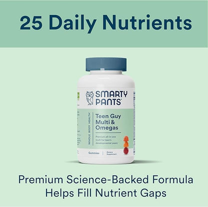 SmartyPants Teen Guy Multivitamin Gummies: Omega 3 Fish Oil (EPA/DHA), Vitamin D3, C, Vitamin B12, B6, Vitamin A, K & Zinc, Gluten Free, Three Fruit Flavors, 90 Count (22 Day Supply)