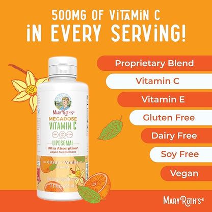 MaryRuth Organics Liposomal Vitamin C | Immune Support Supplement | Megadose Vitamin C Supplement 500mg | Skin Care | Liquid Vitamin C | Vitamin E | Vegan | Non GMO | 30 Servings