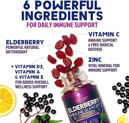 Immune Support Gummies - Powerful Sambucus Elderberry Gummies with Elderberry Extract, Zinc & Vitamin C Gummy, Max Potency Natural Vegan Immune Support Supplement for Adults & Children - 60 Gummies