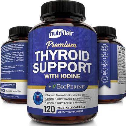 NutriFlair Thyroid Support Complex, 120 Capsules - with Iodine, Black Pepper, Ashwagandha, Vitamin B12 - Thyroid Supplement for Women and Men