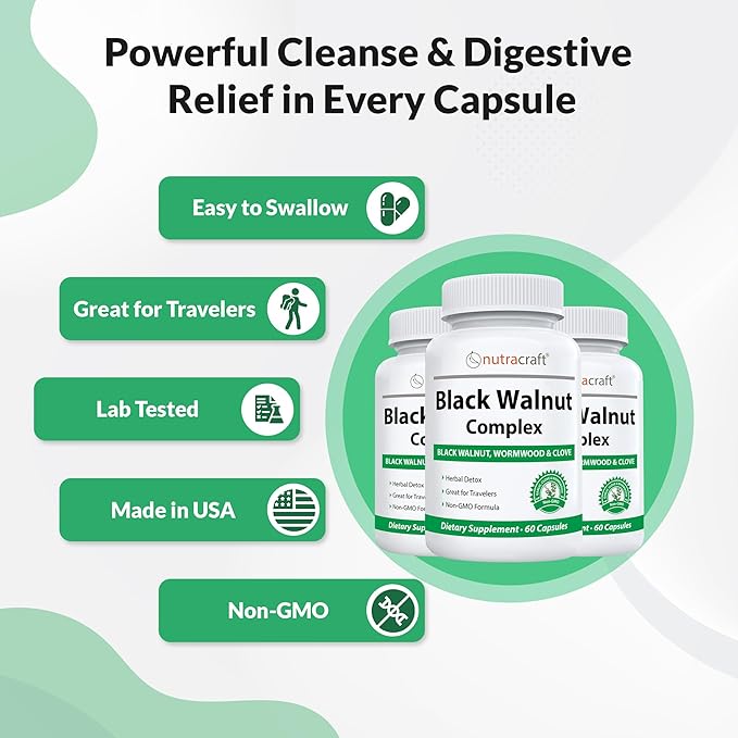 Black Walnut Detox Cleanse Supplement | Black Walnut, Wormwood, Clove, PAU D'Arco, Pumpkin Seed, Garlic, Zinc | Intestinal Guard for Humans | 60 Capsules