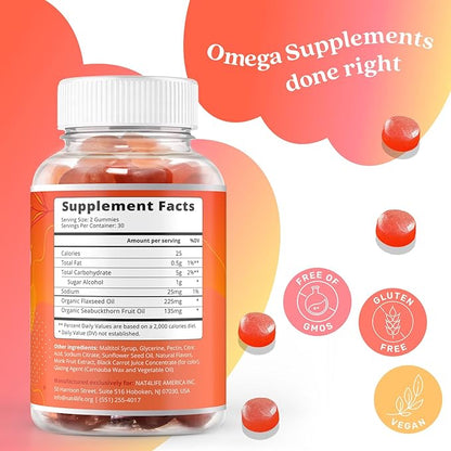 Organic Omega 3 Gummies with Omegas 6, 7, 9, DHA & EPA from Flaxseed Oil and Sea Buckthorn Fruit Oil - Sugar-Free, Supports Brain, Heart, Eye & Immune System, Supplements for Kids & Adults (60 CT)