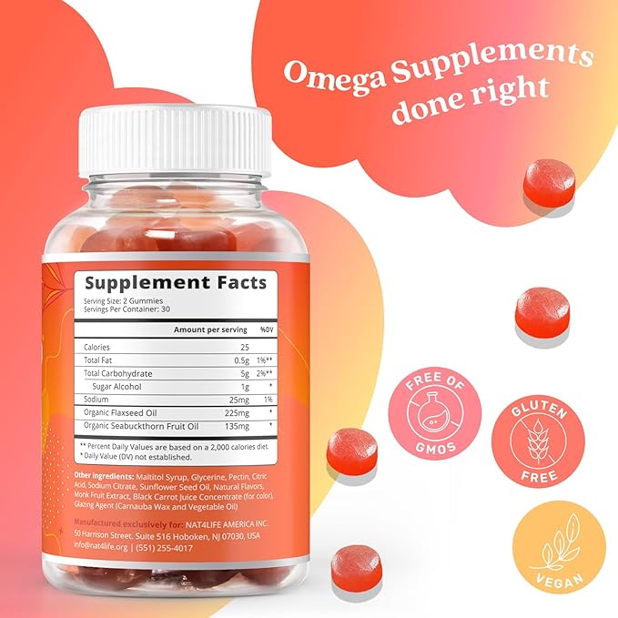 Organic Omega 3 Gummies with Omegas 6, 7, 9, DHA & EPA from Flaxseed Oil and Sea Buckthorn Fruit Oil - Sugar-Free, Supports Brain, Heart, Eye & Immune System, Supplements for Kids & Adults (60 CT)