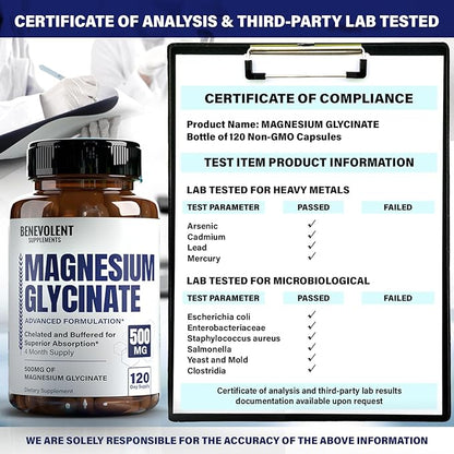 Premium Magnesium Glycinate 500mg Capsules High Absorption Formula Chelated Buffered Glycinate to Support Digestion, Bone, Sleep & Muscle Health - Made in USA - 120 Capsules