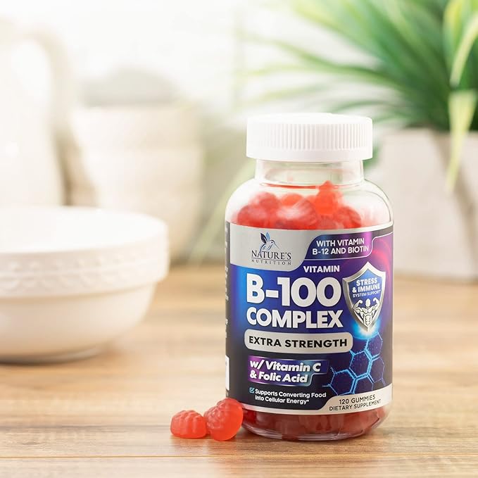Super B Complex Gummy with Vitamin C & Folic Acid, Extra Strength Vitamin B Gummies Supplement with Niacin, B6, Folic Acid, B12, Biotin, Nature's Energy Immune Support Supplements - 120 Gummies