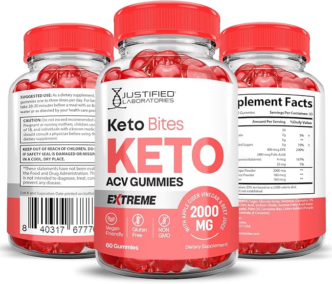 Keto Bites Keto ACV Gummies Extreme Formula 2000MG Vegan Non GMO with Pomegranate Juice Beet Root B12 60 Gummys