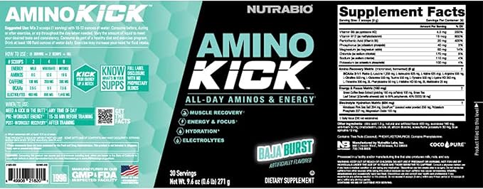 NutraBio Amino Kick - Amino Acid Energy Formula - BCAA's, Electrolytes for Hydration, Natural Caffeine- 30 Servings (Baja Burst)