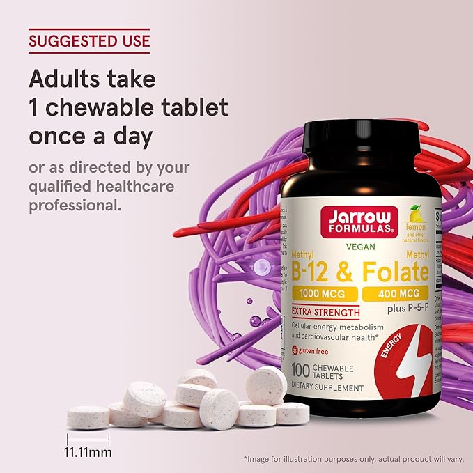 Jarrow Formulas Extra Strength Methyl B-12 1000 mcg & Methyl Folate 400 mcg + P-5-P, Dietary Supplement for Cellular Energy Metabolism and Cardiovascular Support, 100 Chewable Tablets, 100 Day Supply