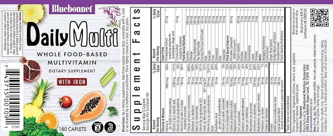 Bluebonnet Nutrition Super Earth MultiNutrient Formula (with Iron), for Daily Nutritional Support, Gluten-Free, Kosher Certified, Dairy Free, Vegetarian Friendly, 60 Servings, Green, 180 Count