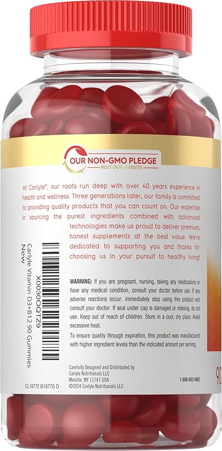 Carlyle Vitamin D3 + B12 Complex Gummies | 90 Count | Vegetarian, Non-GMO, and Gluten Free Formula | Strawberry Flavor Supplement
