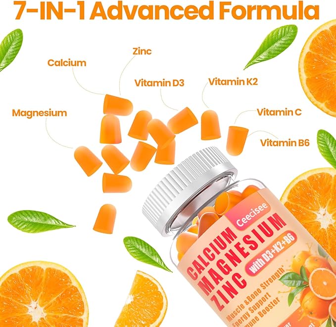 Calcium Magnesium Zinc Gummies with D3 &B6 &K2,1000mg Calcium Gummies with 300mg Magnesium Support Bone & Muscle for Adults and Teens,Sugar Free (60 Count (Pack of 2))