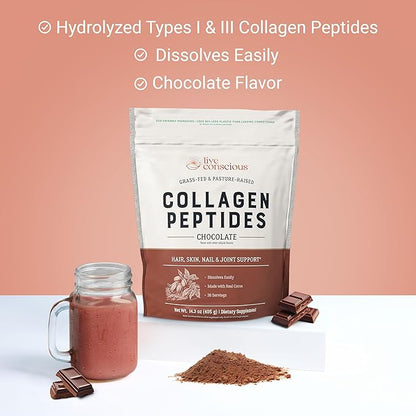 Live Conscious Collagen Peptides Powder - Chocolate Collagen Powder - Hair, Skin, Nail, and Joint Support - Type I & III Grass-Fed Collagen Supplements for Women and Men - 30 Servings - 15oz