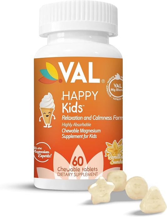 Chewable Magnesium for Kids, Relaxation and Calm Formula, Glycinate, Citrate, Taurate, Vitamin B6, D, C, Natural Vanilla Flavor, Sugar Free, Gluten Free, Non-GMO, 60 Chewable Tablets