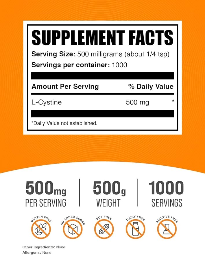 BulkSupplements.com L-Cystine Powder - L-Cystine 500mg, L-Cystine Supplement, Amino Acid Supplement - for Immune Support, Gluten Free, 500mg per Serving, 500g (1.1 lbs) (Pack of 1)