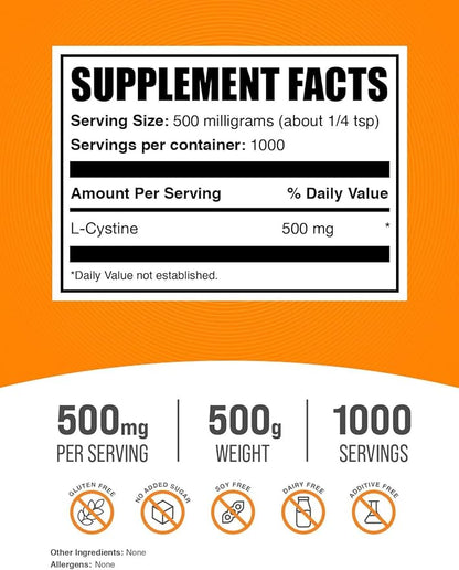 BulkSupplements.com L-Cystine Powder - L-Cystine 500mg, L-Cystine Supplement, Amino Acid Supplement - for Immune Support, Gluten Free, 500mg per Serving, 500g (1.1 lbs) (Pack of 1)